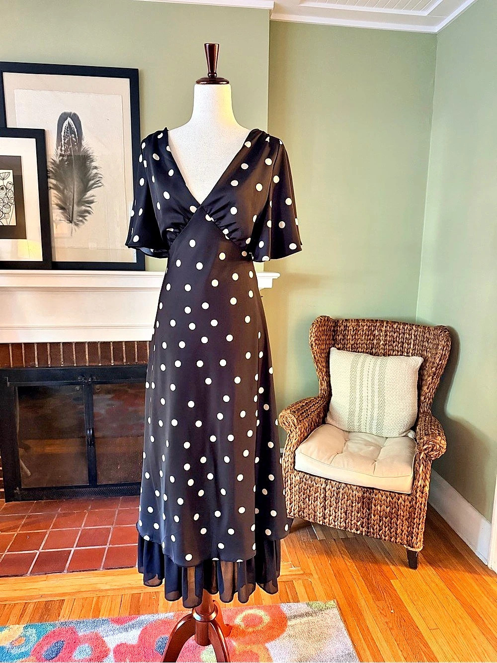 En Saison Floretta Black Polka Dot Satin Maxi Dress Size XS
89